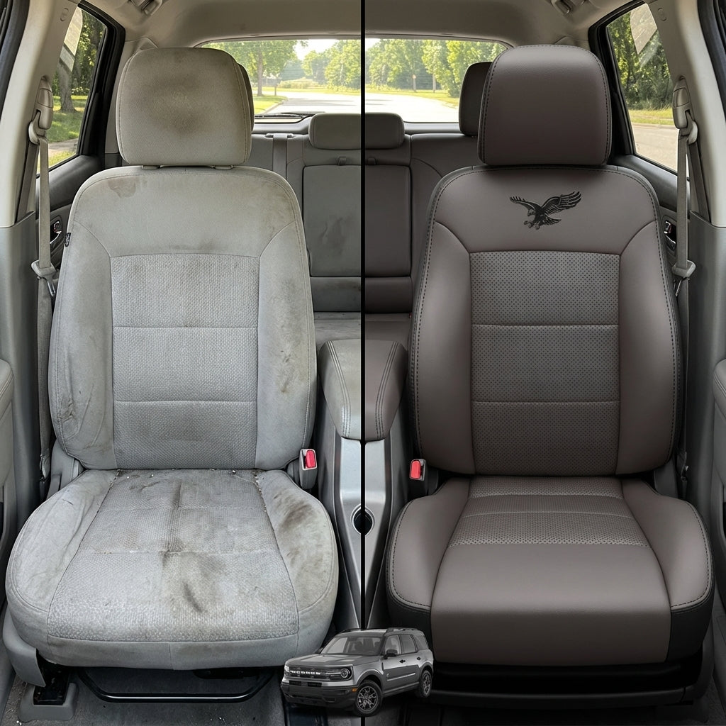 Before-and-after comparison of front seats, showing cloth seat upgraded to perforated leather upholstery.