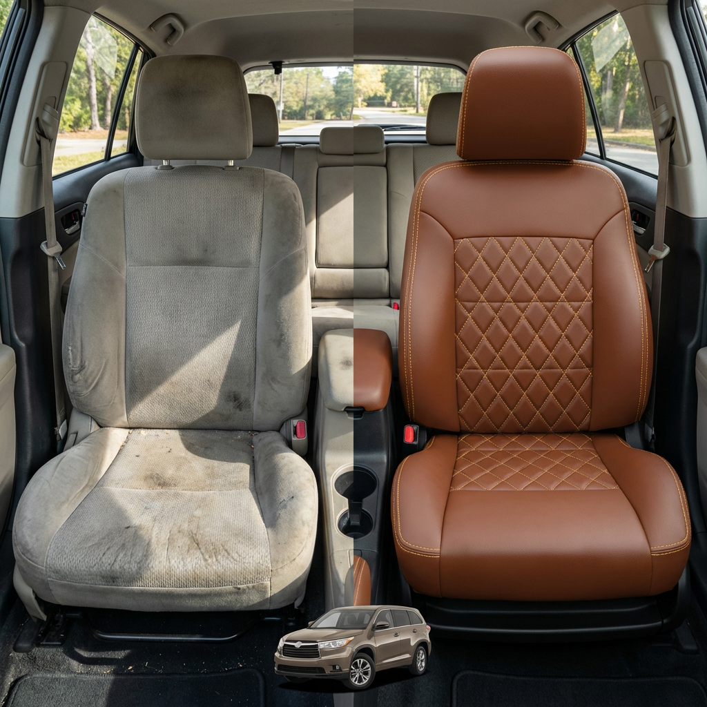 Before-and-after comparison of front seats, showing cloth seat upgraded to perforated leather upholstery.