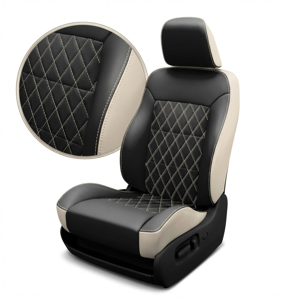 Black and beige car seat cover with diamond pattern on a white background