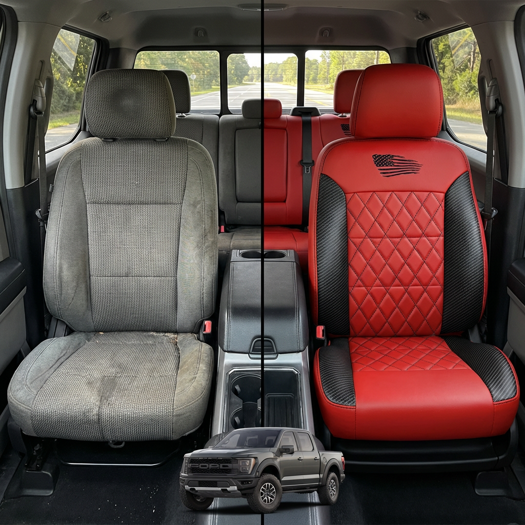 Before-and-after comparison of front seats, showing cloth seat upgraded to perforated leather upholstery.
