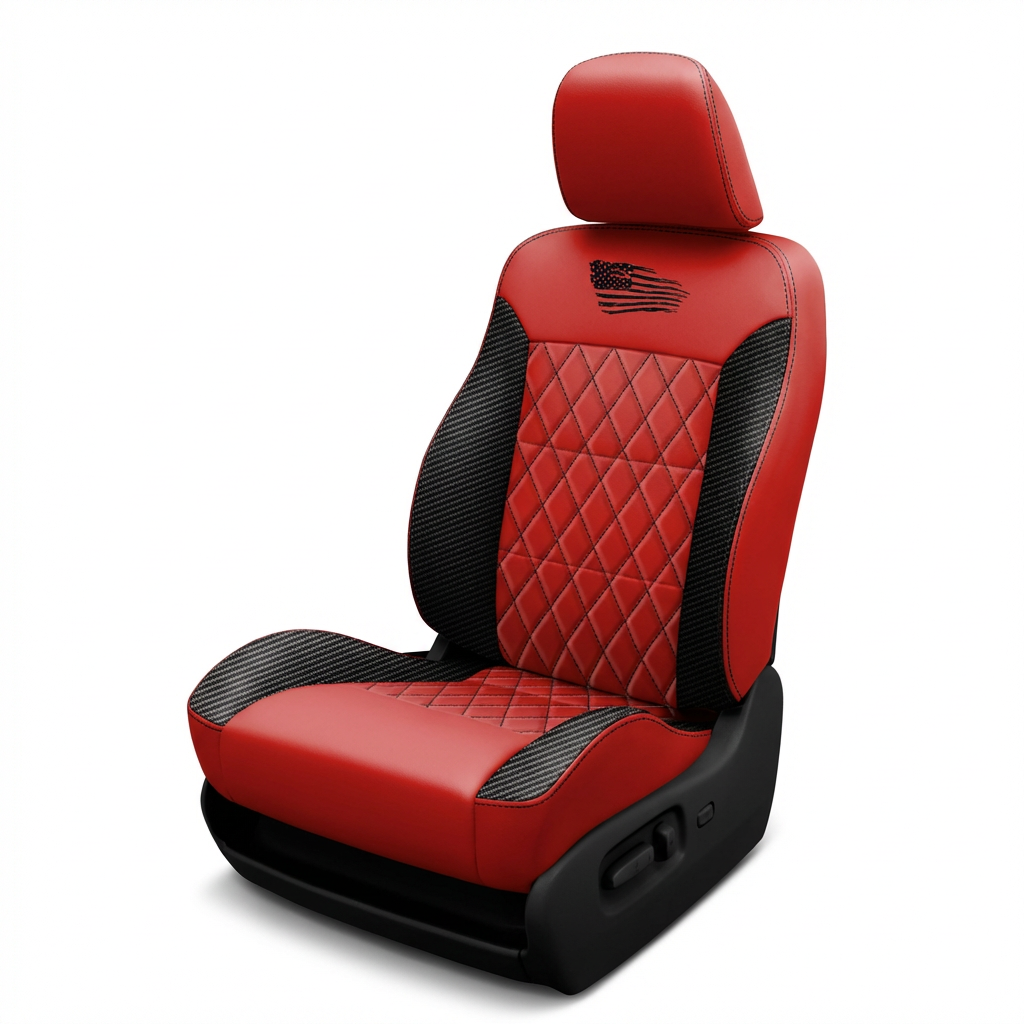 Red and black car seat with a diamond pattern on a white background