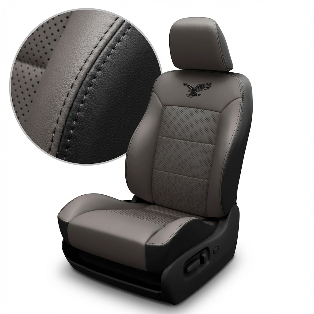 Gray car seat with detailed texture and brand logo on a white background