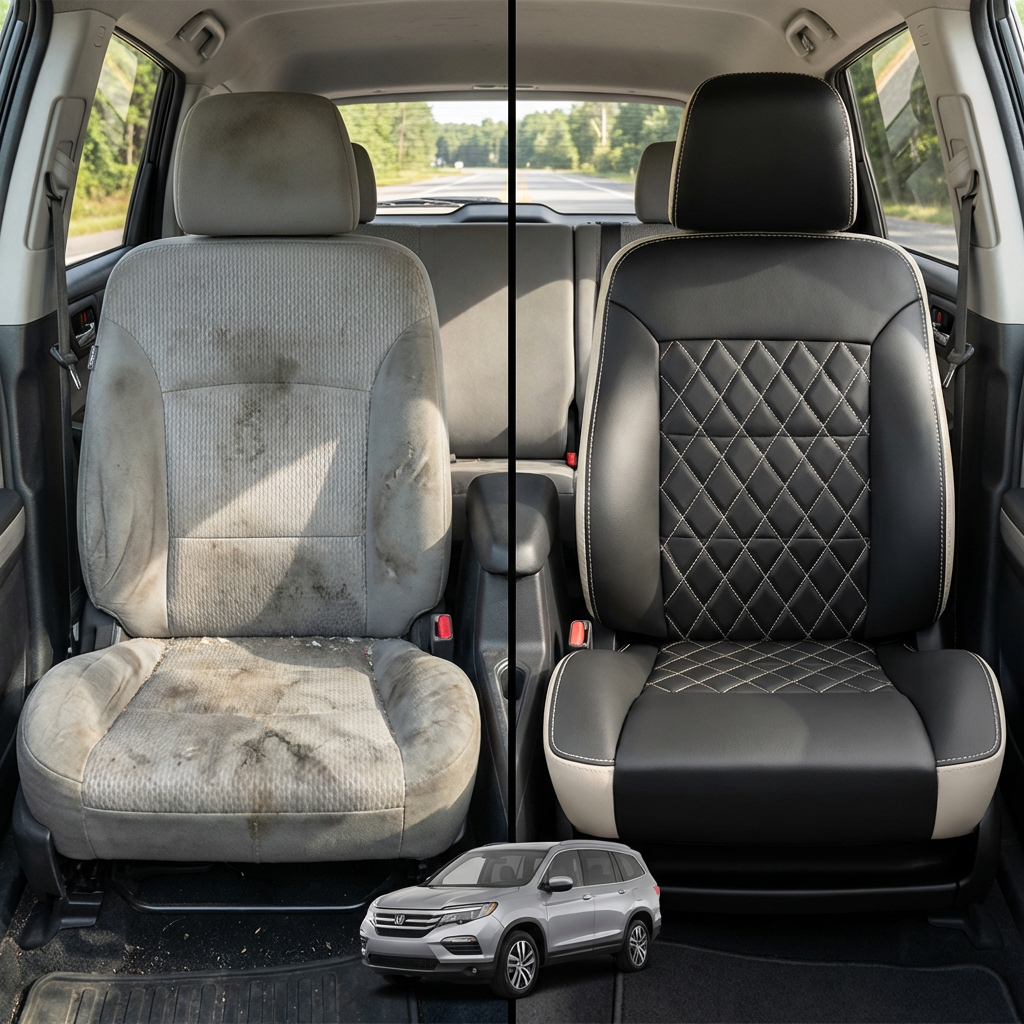 Before-and-after comparison of front seats, showing cloth seat upgraded to perforated leather upholstery.