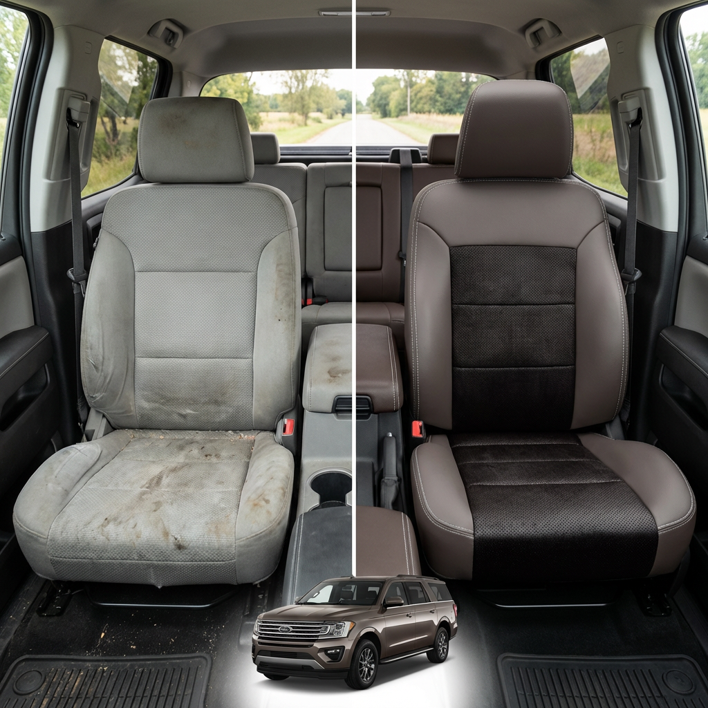 Before-and-after comparison of front seats, showing cloth seat upgraded to perforated leather upholstery.