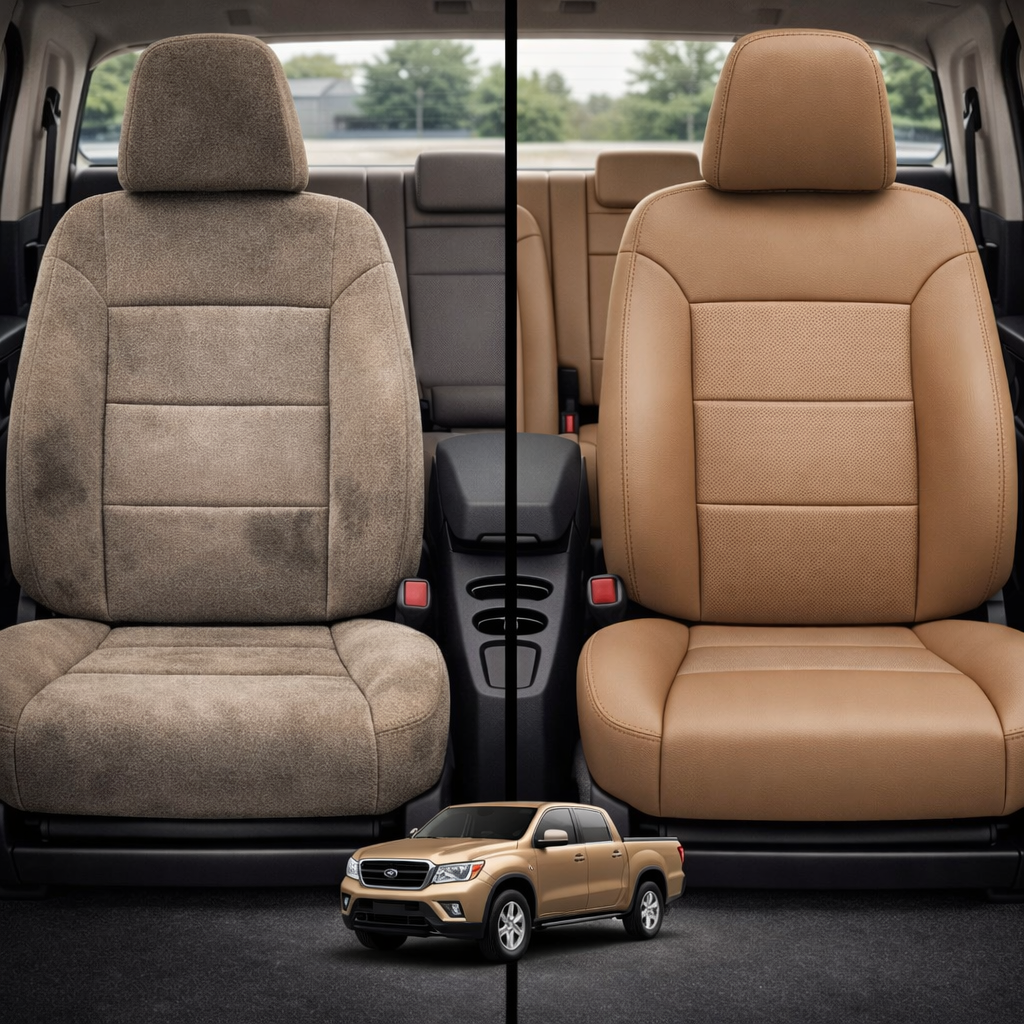Before-and-after comparison of front seats, showing cloth seat upgraded to perforated leather upholstery.
