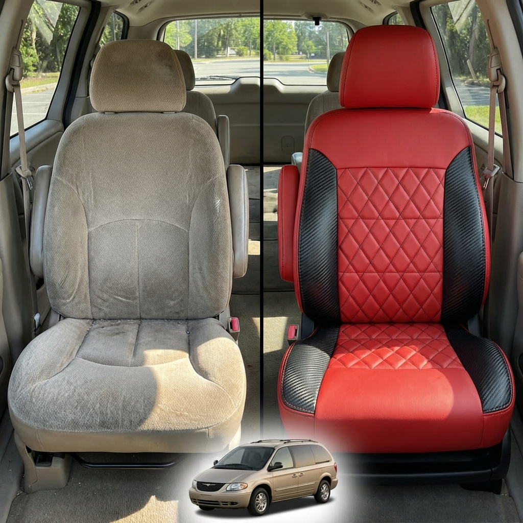Before-and-after interior photo for a 1994–1997 Chrysler LHS showing an original beige cloth front seat on the left and the upgraded Leatherteck/Katzkin K3 leather seat on the right (K3649-121) with red leather, carbon shadow side wings, a diamond-quilted red center insert, and black contrast stitching; split-screen cabin view with a small vehicle graphic at the bottom.