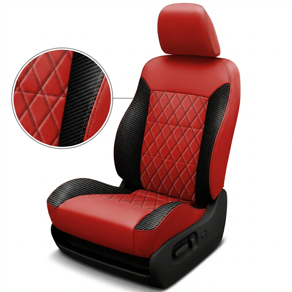  Close-up of a 1994–1997 Chrysler LHS Leatherteck Katzkin leather seat cover kit (K3, K3649-121) on a white background featuring red leather bolsters, carbon shadow side wings, a diamond-quilted red center insert, and black stitching; inset zoom highlights the quilt pattern, stitching, and carbon-texture panel.