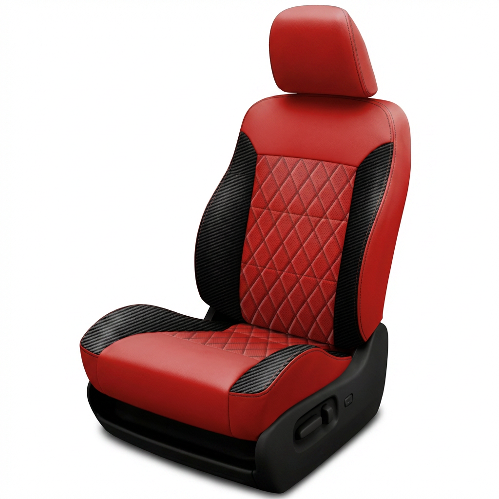 1994–1997 Chrysler LHS Leatherteck Katzkin leather seat cover upholstery kit (K3, K3649-121) on a white background featuring red leather bolsters and headrest, carbon shadow side wings, a diamond-quilted red center insert, and black contrast stitching.