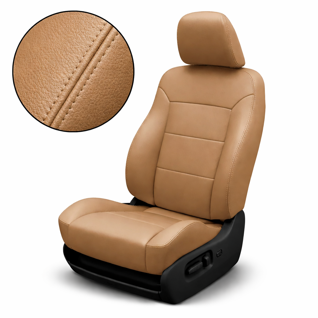 Close-up of a 1994–1997 Chrysler LHS Leatherteck Katzkin leather seat cover upholstery kit (F3, F123-104) in tan/beige, shown on a white background with an inset highlighting the leather grain and double-row seam stitching on the smooth bolster.