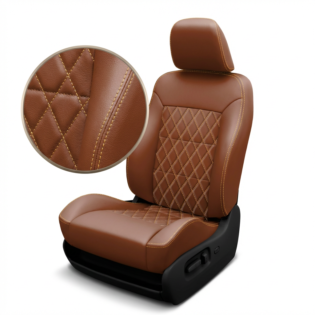 Brown leather car seat with detailed stitching on a white background