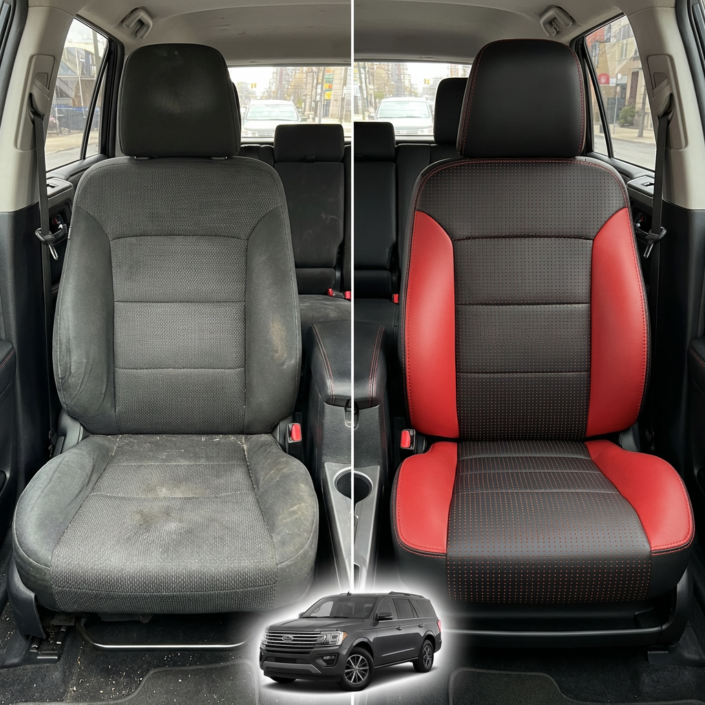Before-and-after comparison of front seats, showing cloth seat upgraded to perforated leather upholstery.