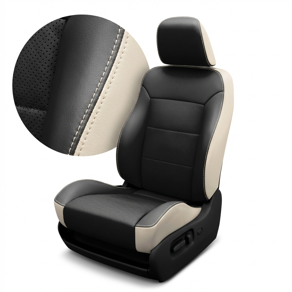 Close-up and full view of a 1996–2000 Chrysler Town & Country K3 Leatherteck Katzkin seat cover kit (K3649-120) on a white background, featuring a pearl wrap, black facing, pearl contrast stitching, and perforated black center panels; inset magnifies the perforation holes in the black insert and the seam where black leather meets pearl leather with pearl stitching.