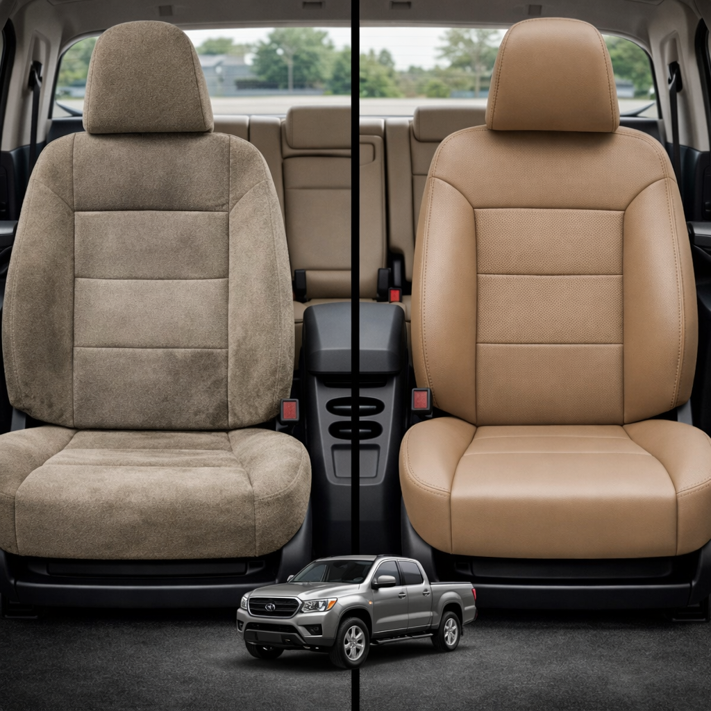 Before-and-after comparison of front seats, showing cloth seat upgraded to perforated leather upholstery.
