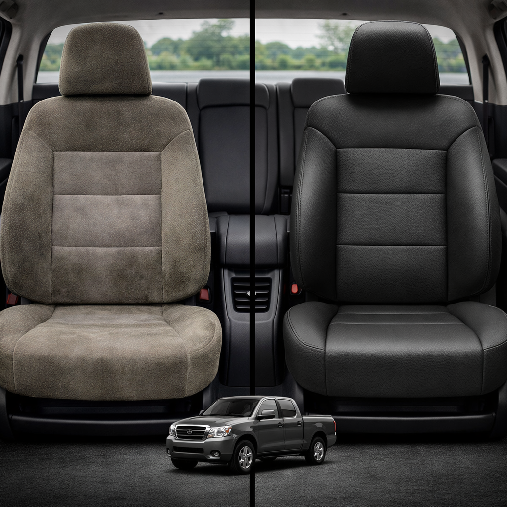 Before-and-after comparison of front seats, showing cloth seat upgraded to perforated leather upholstery.
