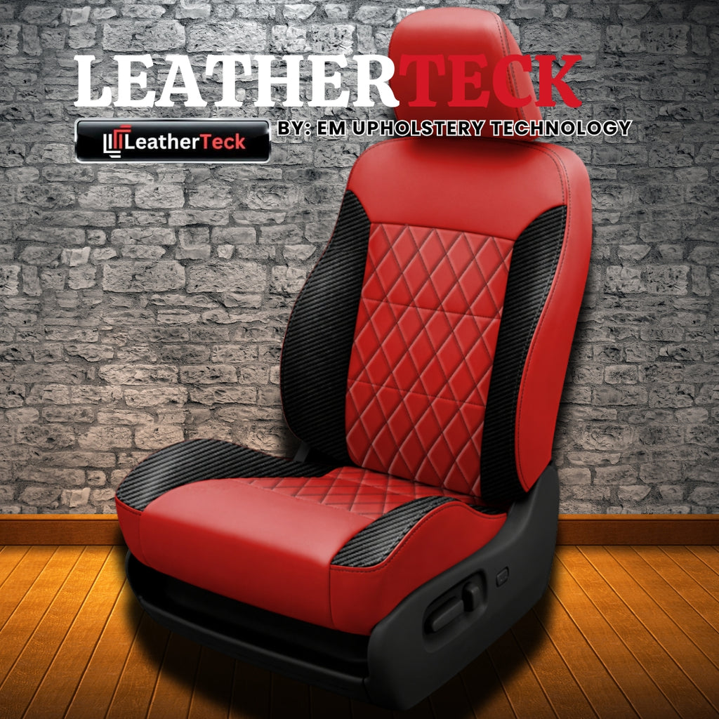 Leatherteck-branded promotional image for a 1996–2000 Chrysler Town & Country Leatherteck Katzkin K3 seat cover upholstery kit (K3649-121), showing a seat with a red wrap, black contrast stitching, carbon shadow wing panels, and red single-diamond quilted inserts; set against a stone wall and wood floor background with “LEATHERTECK by EM Upholstery Technology” and the Leatherteck logo.


