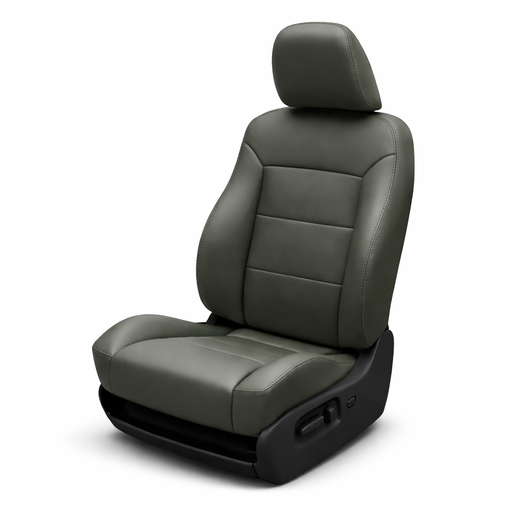 1996–2000 Chrysler Town Leatherteck Katzkin leather seat cover upholstery kit (F2, F123-105) in dark gray shown on a white background, featuring a smooth dark gray headrest and bolsters with a matching center panel and subtle tone-on-tone stitching.
