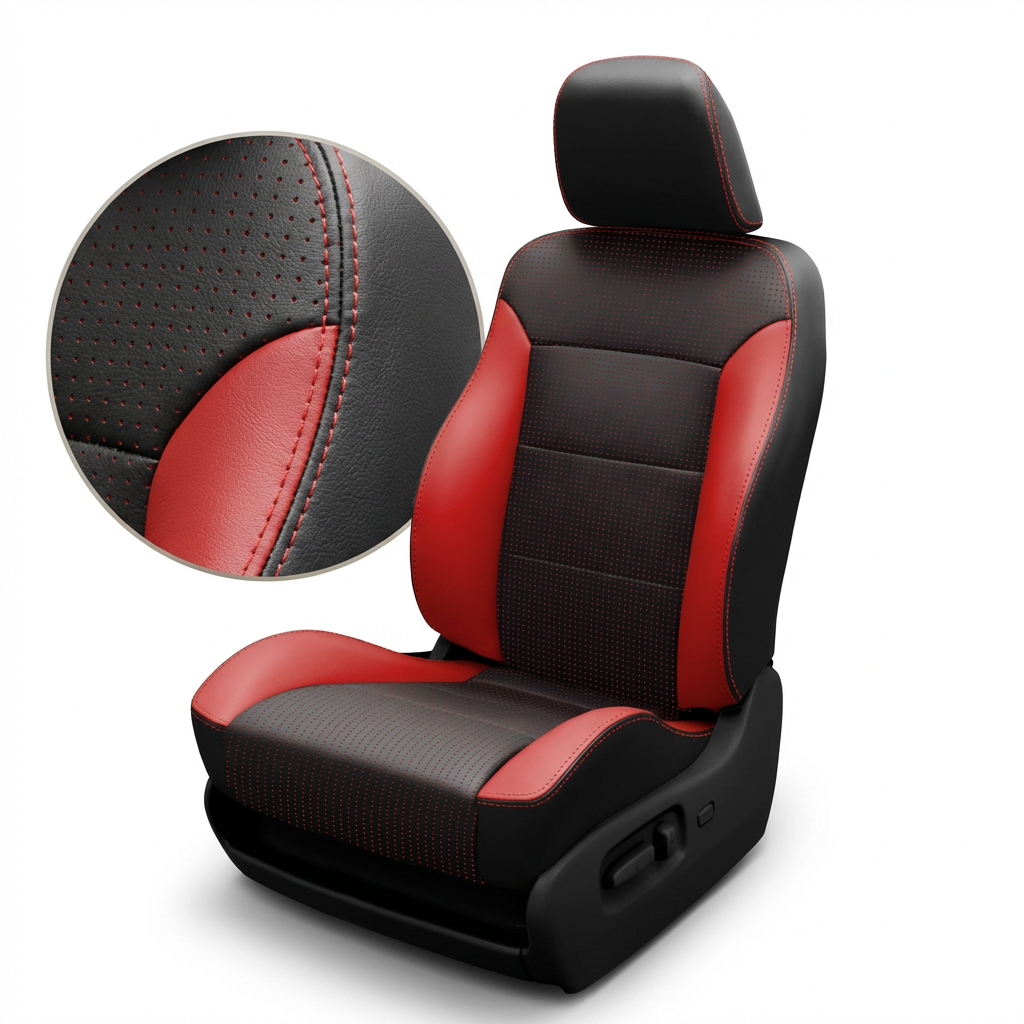  Close-up and full view of a 1998–2000 Chrysler Concorde K3 Leatherteck Katzkin seat cover kit (K3762-100) on a white background, featuring black leather with a Barracuda red body panel, red wings/bolsters, and red contrast stitching; inset magnifies the perforated black leather, the red panel edge, and the red stitching along the seam.
