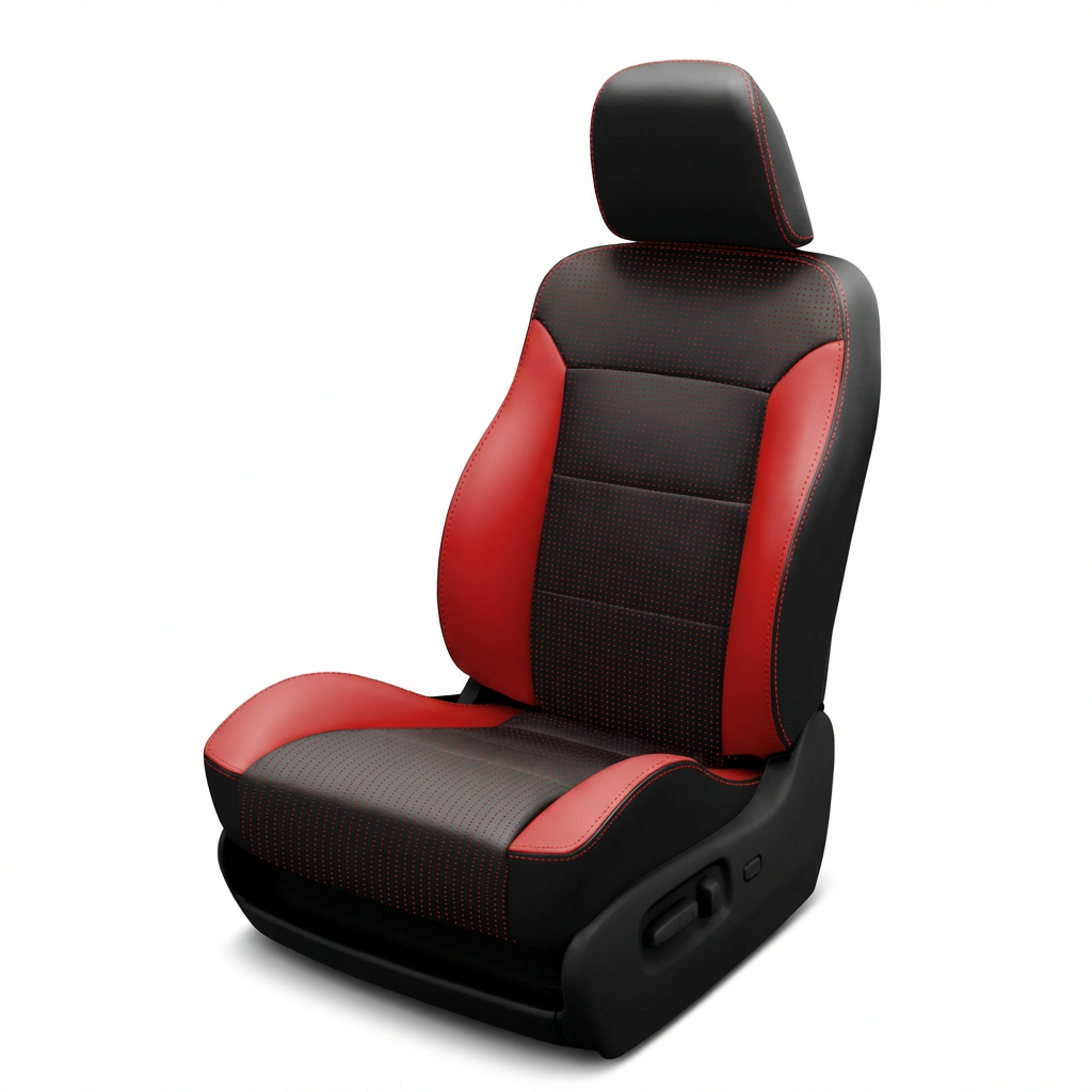 1998–2000 Chrysler Concorde K3 Leatherteck Katzkin leather seat cover upholstery kit (K3762-100) on a white background, featuring black leather with a Barracuda red center body panel, red side wings/bolsters, and red contrast stitching along the seams; the black center sections appear lightly perforated/texture-dotted.