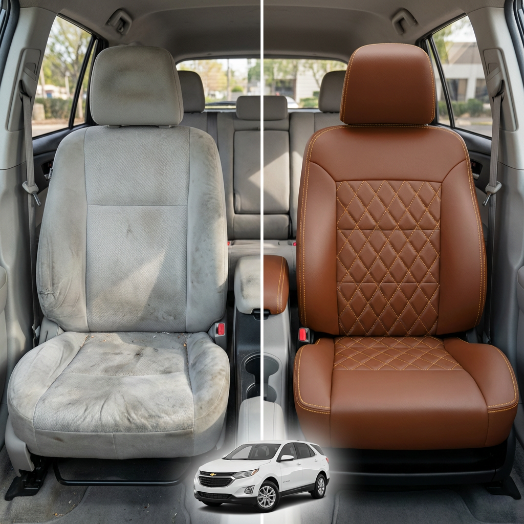 Before-and-after interior photo for a 1998–2000 Chrysler Concorde K3 Leatherteck Katzkin seat cover kit (K3643-222): left side shows a worn, stained gray cloth front seat, while right side shows the upgraded mahogany leather seat with single diamond‑quilted center inserts and Mayan gold contrast stitching; a small vehicle image appears at the bottom.