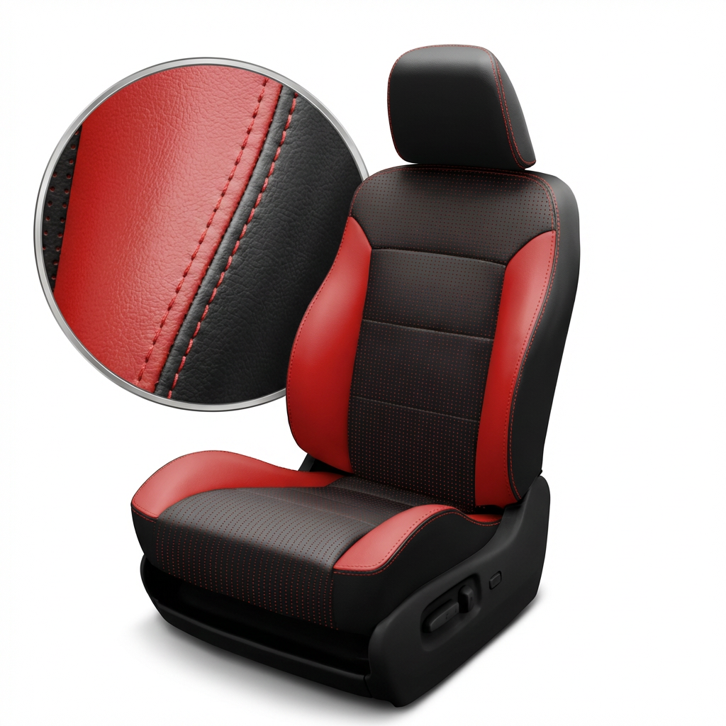Black and red car seat cover with close-up of stitching detail on a white background