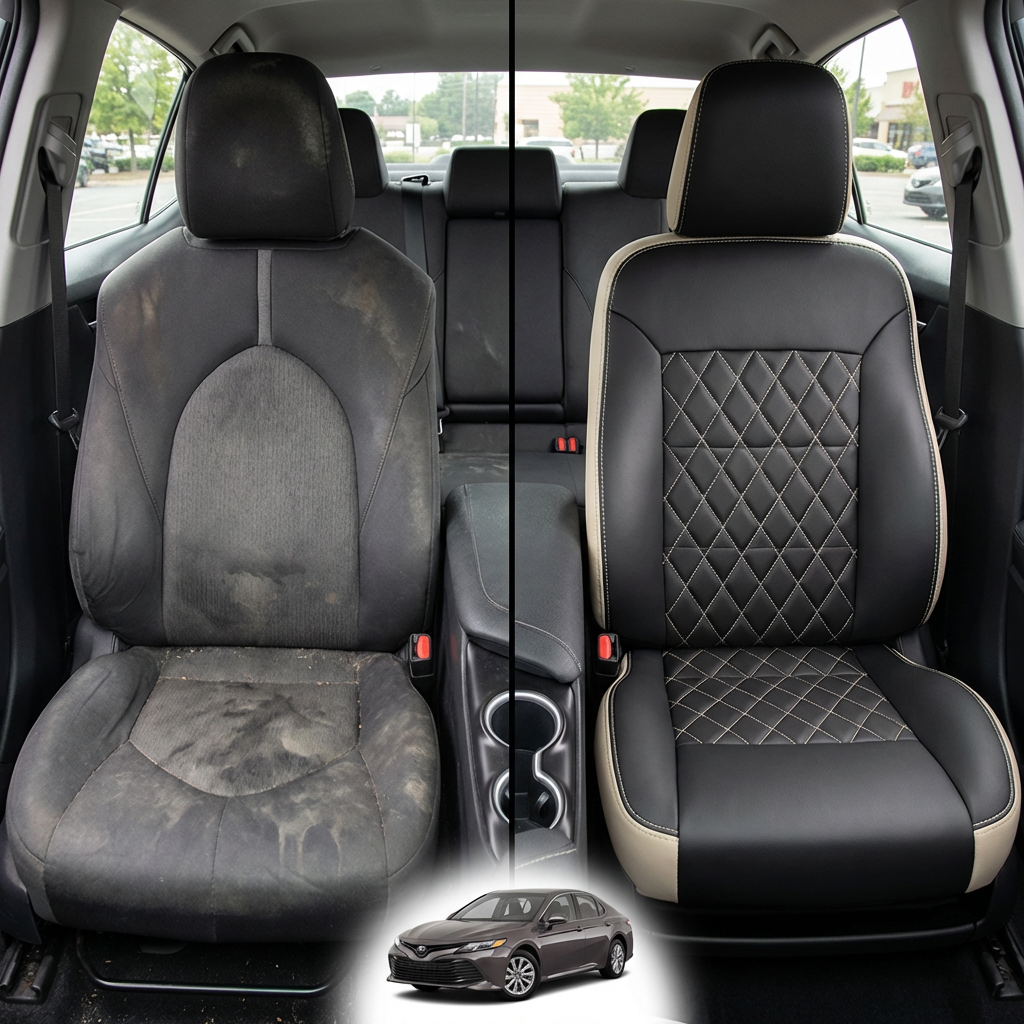 Before-and-after comparison of front seats, showing cloth seat upgraded to perforated leather upholstery.