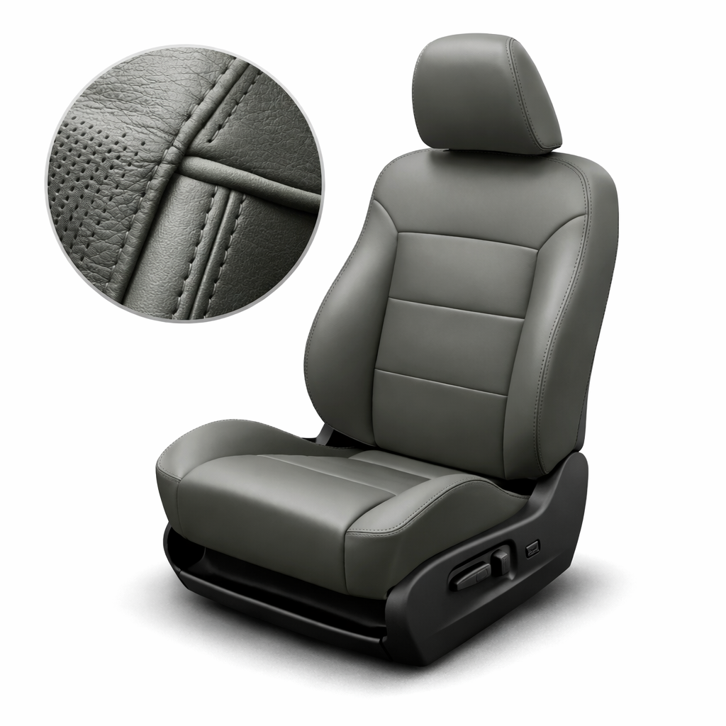 Gray car seat with detailed stitching on a white background