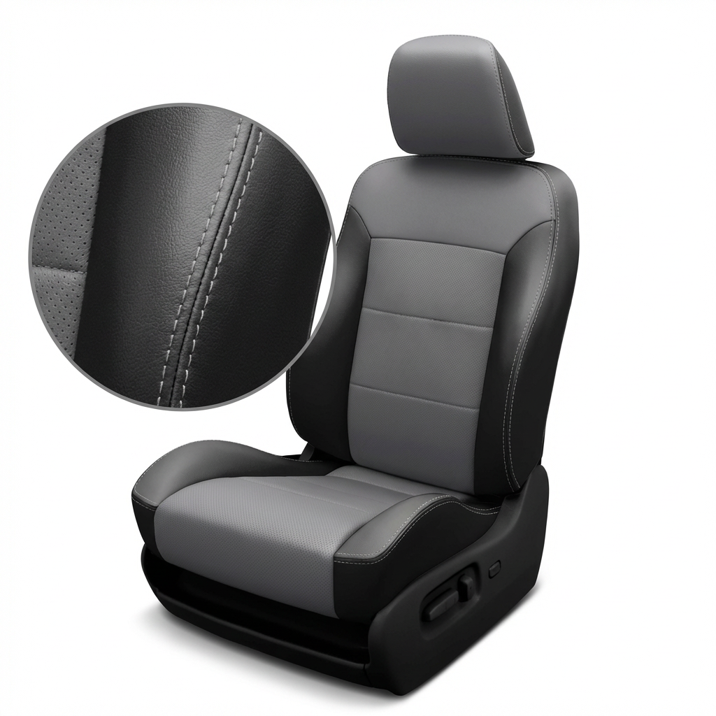 Gray car seat with detailed stitching and a close-up of the texture on a white background