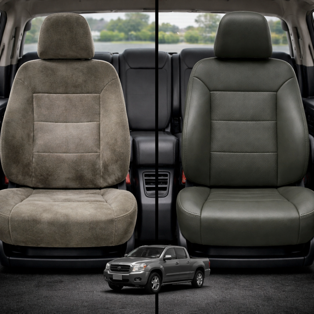Before-and-after comparison of Mazda 626 front seats, showing cloth seat upgraded to perforated leather upholstery.