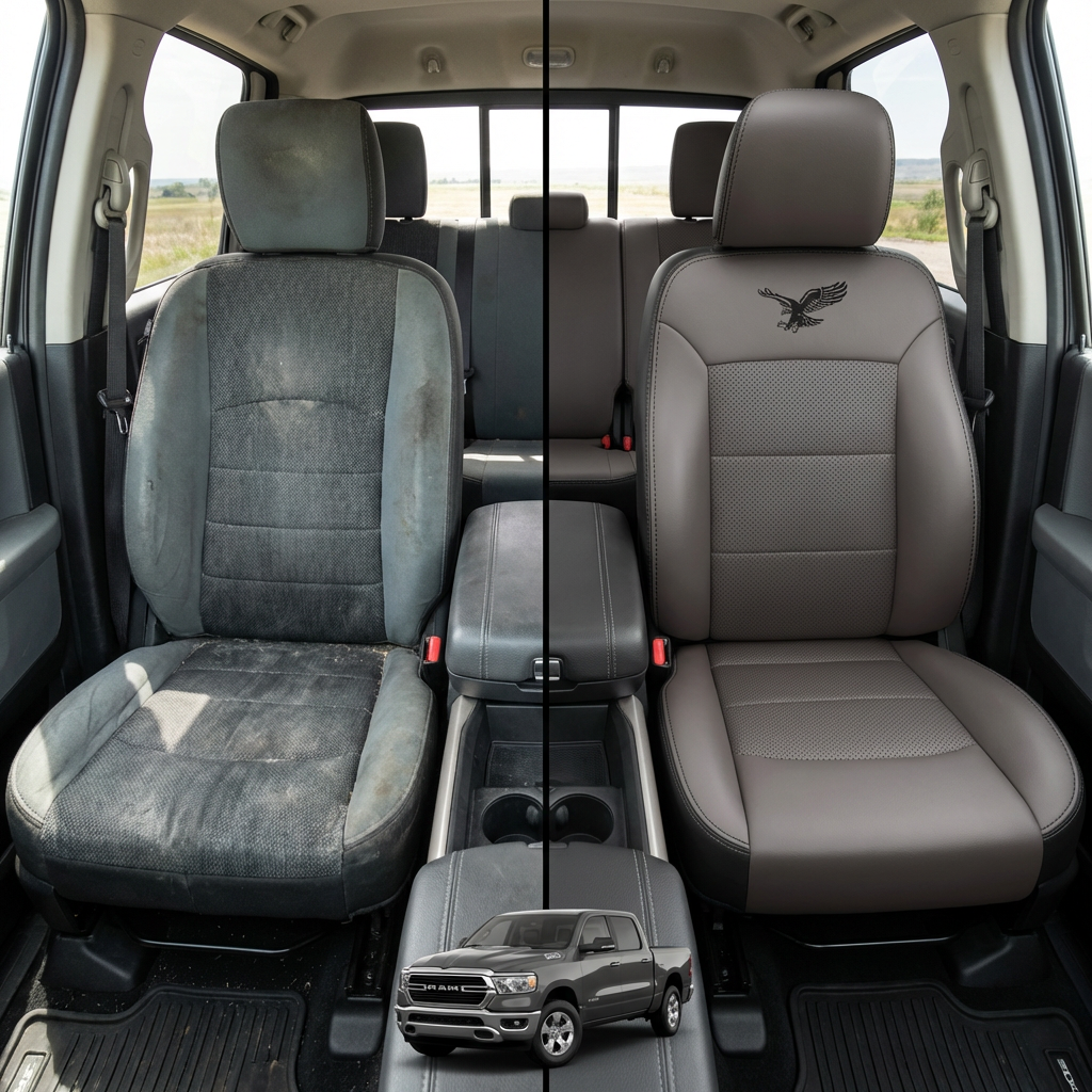 Before-and-after comparison of front seats, showing cloth seat upgraded to perforated leather upholstery.