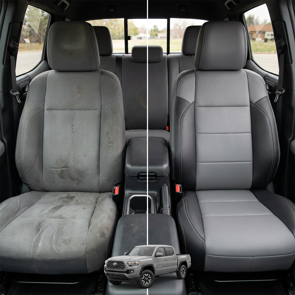 Before-and-after comparison of front seats, showing cloth seat upgraded to perforated leather upholstery.
