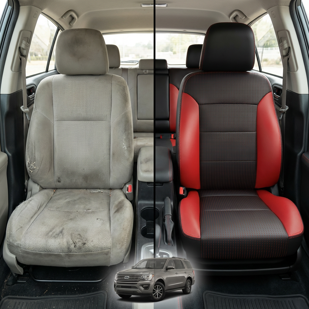 Before-and-after comparison of front seats, showing cloth seat upgraded to perforated leather upholstery.