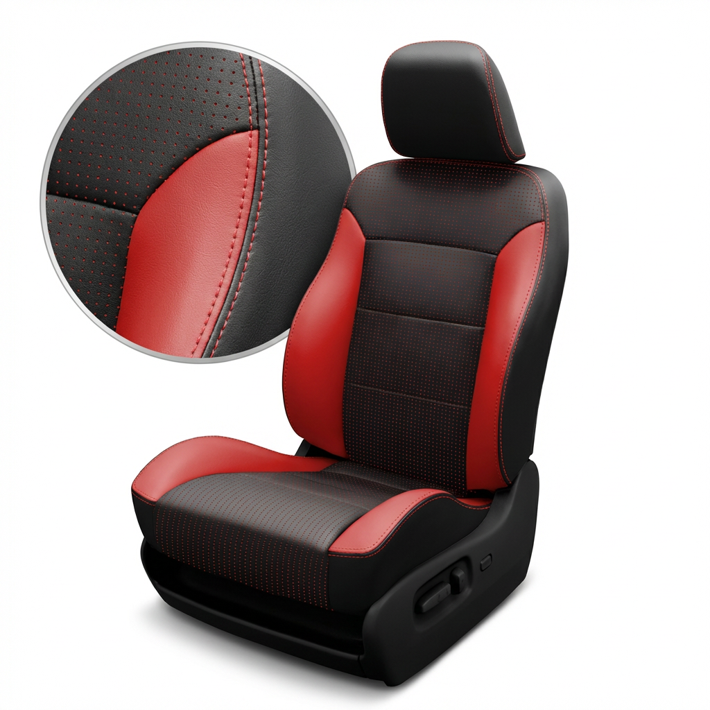 Black and red car seat cover with detailed stitching on a white background