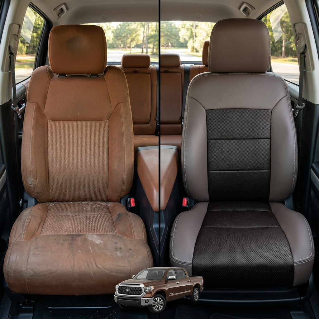 Before-and-after comparison of front seats, showing cloth seat upgraded to perforated leather upholstery.
