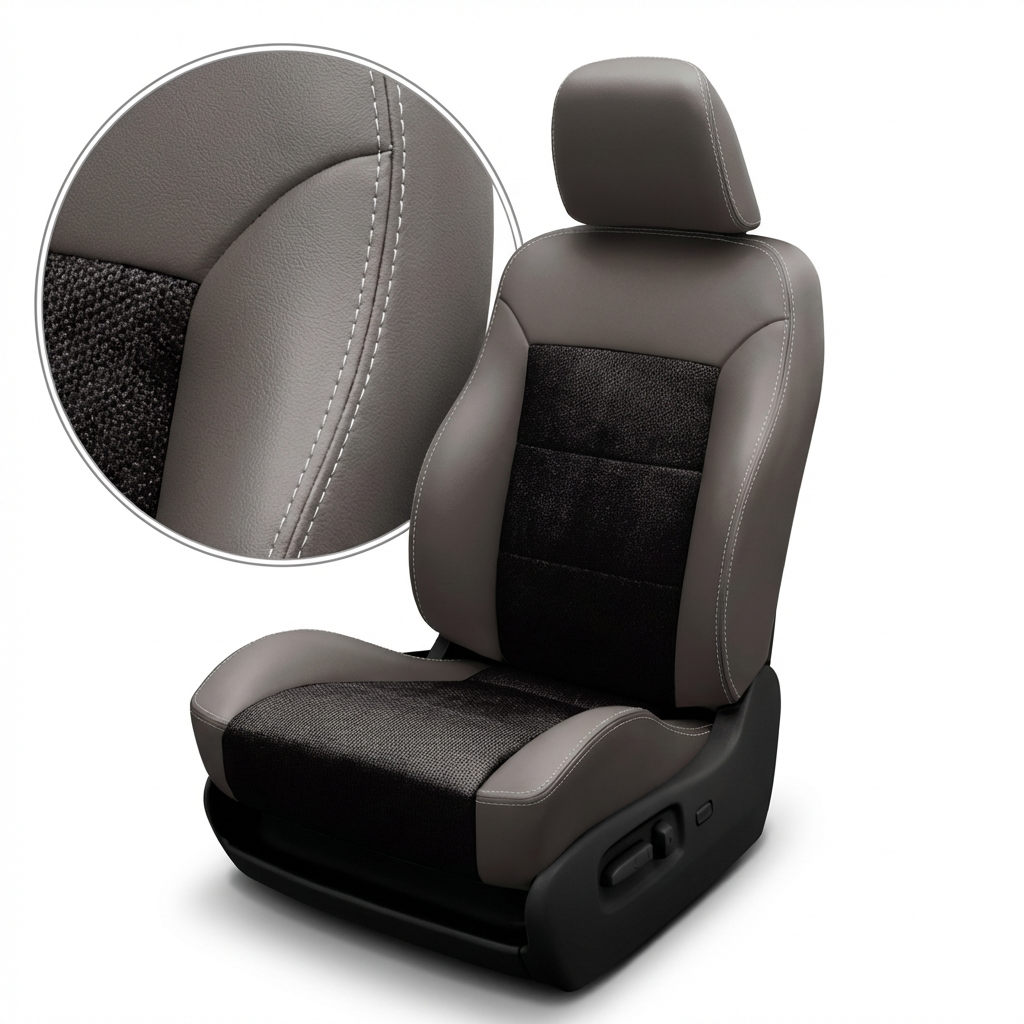 Gray car seat cover with detailed stitching on a white background