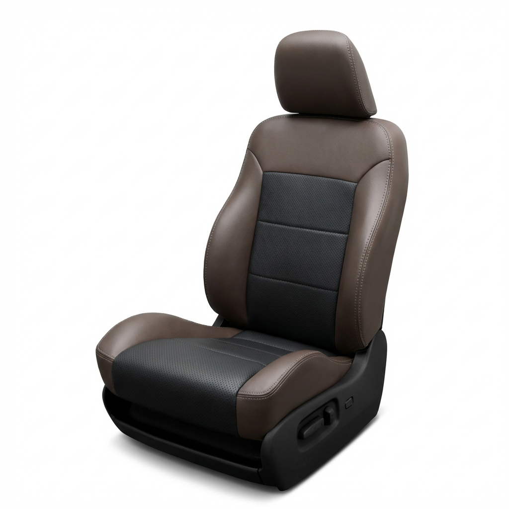 Brown car seat with black accents on a white background