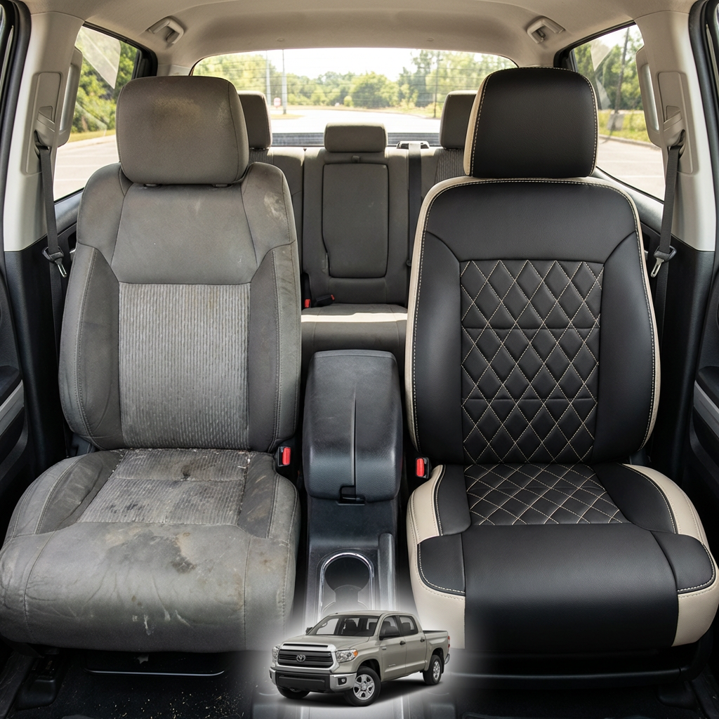 Before-and-after comparison of front seats, showing cloth seat upgraded to perforated leather upholstery.
