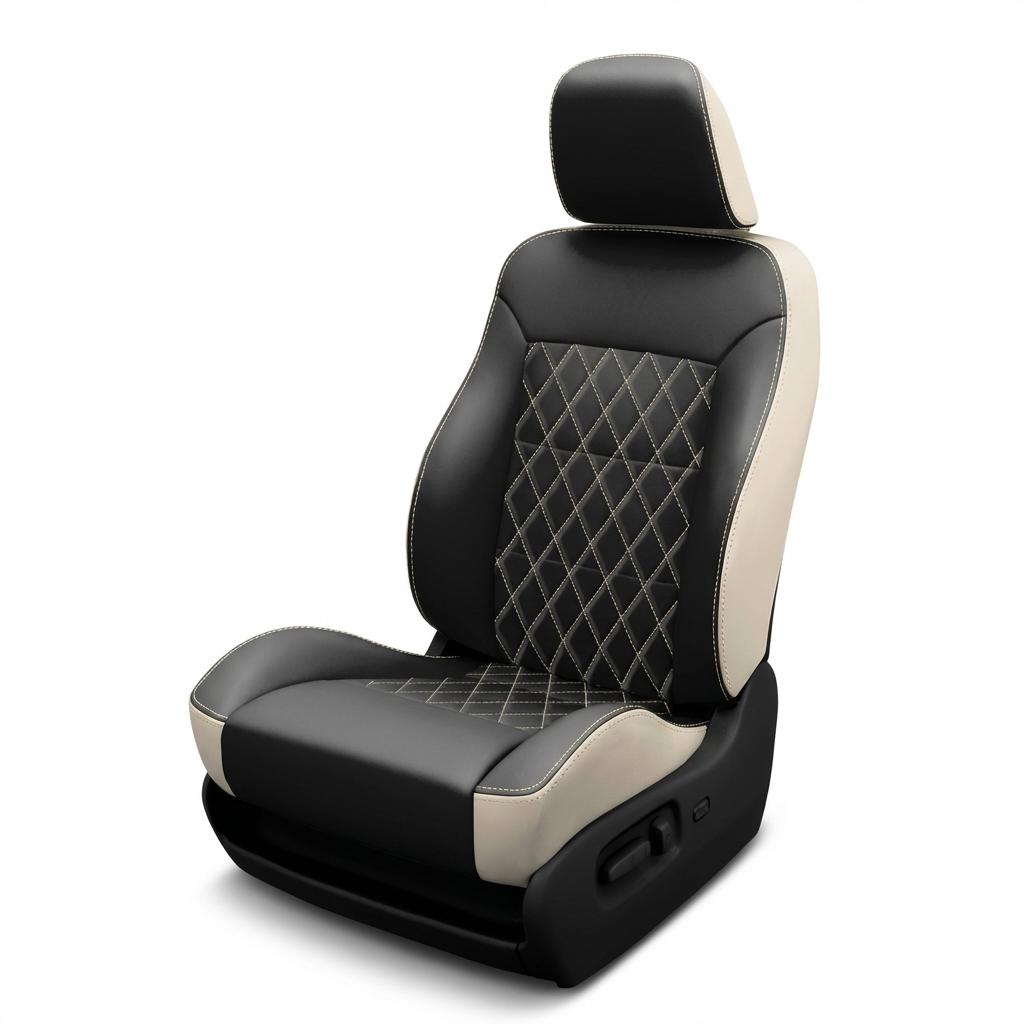 Black and beige car seat with diamond pattern on a white background