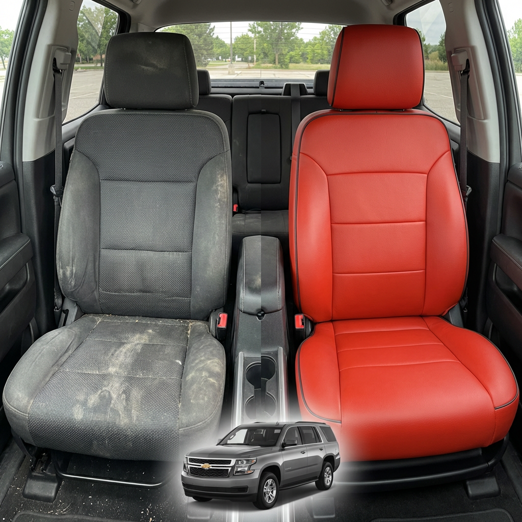 Before-and-after comparison of front seats, showing cloth seat upgraded to perforated leather upholstery.
