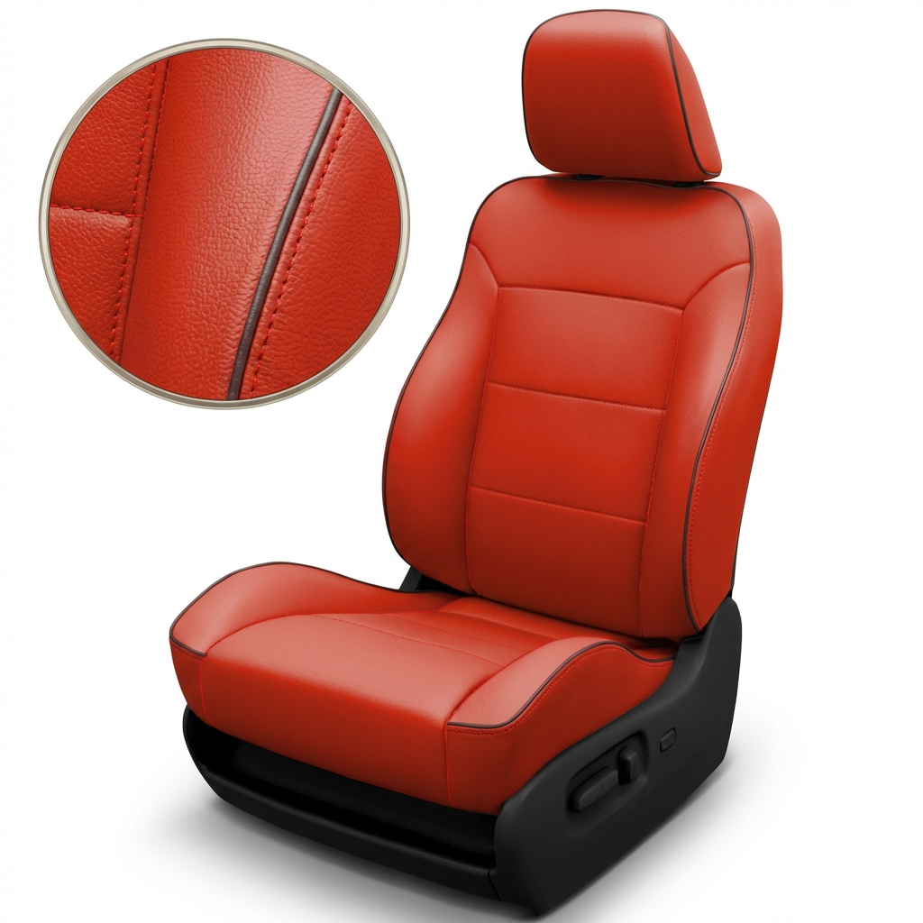 Red car seat with close-up of leather texture on a white background