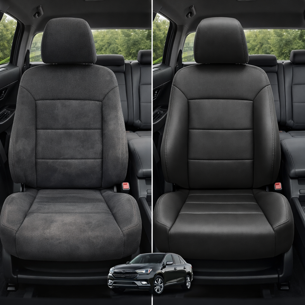 Before-and-after comparison of front seats, showing cloth seat upgraded to perforated leather upholstery.