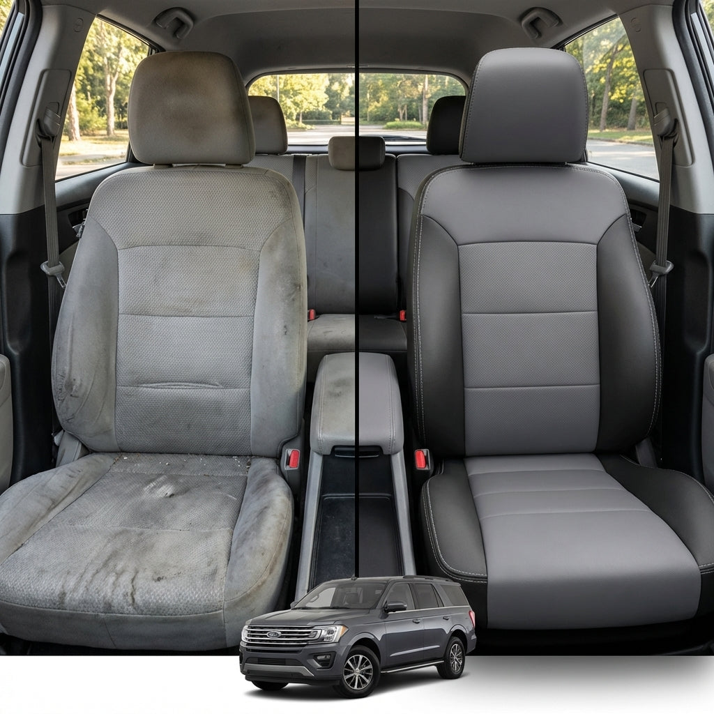 Before-and-after comparison of front seats, showing cloth seat upgraded to perforated leather upholstery.