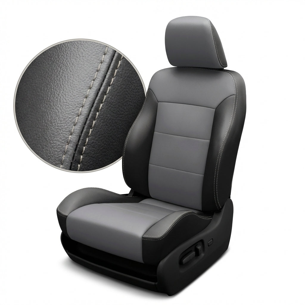 Gray car seat with detailed stitching close-up on a white background