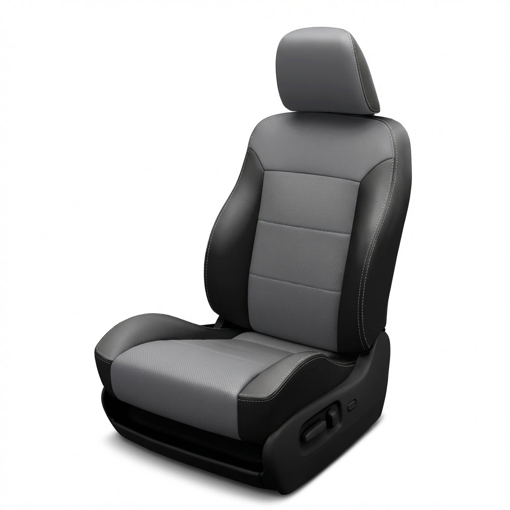 Gray car seat with black accents on a white background