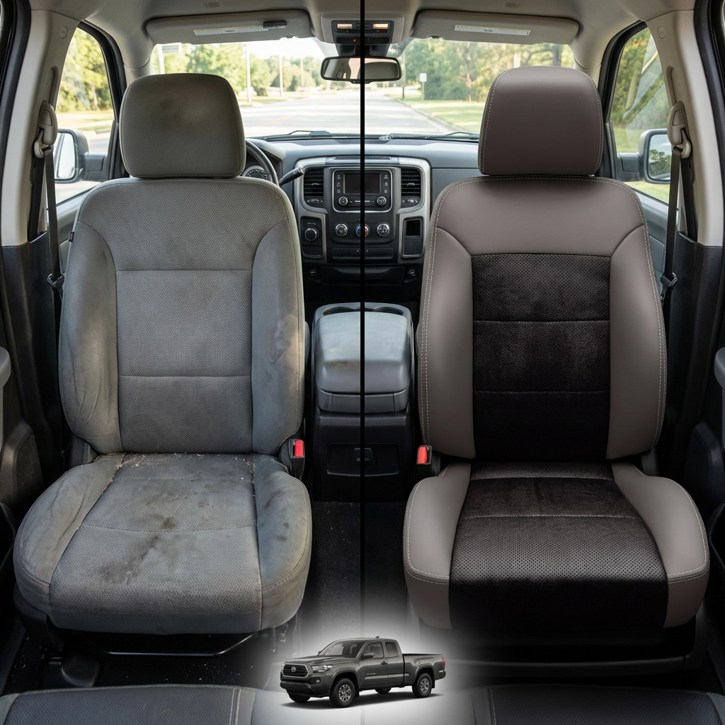 Before-and-after comparison of front seats, showing cloth seat upgraded to perforated leather upholstery.
