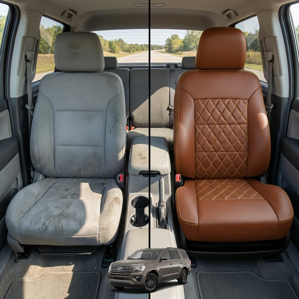 Before-and-after comparison of front seats, showing cloth seat upgraded to perforated leather upholstery.
