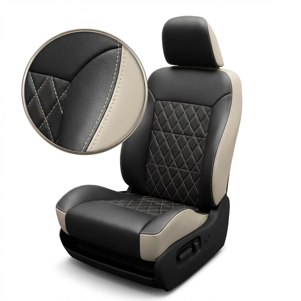 Black and beige car seat with diamond pattern stitching on a white background