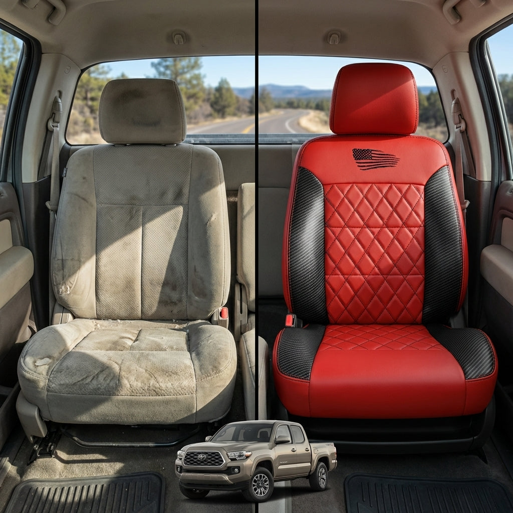 Before-and-after comparison of front seats, showing cloth seat upgraded to perforated leather upholstery.