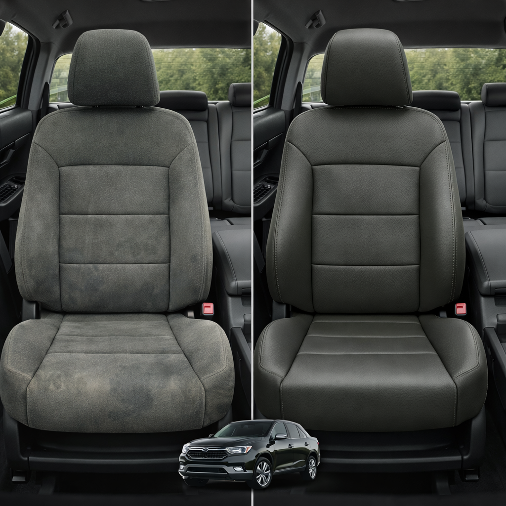 Two views of a car seat cover with a vehicle logo at the bottom.