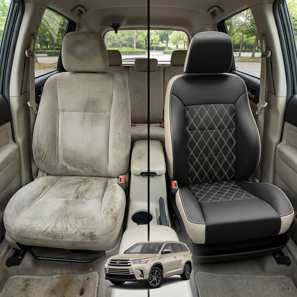 Before-and-after interior photo for a 2001–2005 Chrysler PT Cruiser Leatherteck Katzkin seat cover kit (K3, K3650-120): left side shows a worn beige cloth front seat, while right side shows the upgraded seat with pearl bolsters, black facing panels, single diamond-quilted black inserts, and pearl stitching; a small vehicle graphic appears at the bottom.