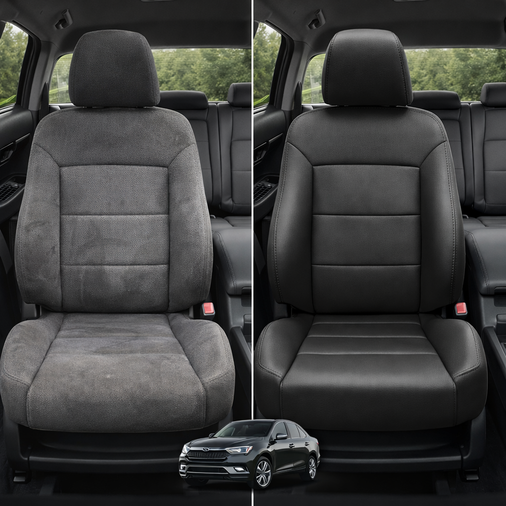 Before-and-after comparison of Mitsubishi Montero front seats, showing cloth seat upgraded to perforated leather upholstery.